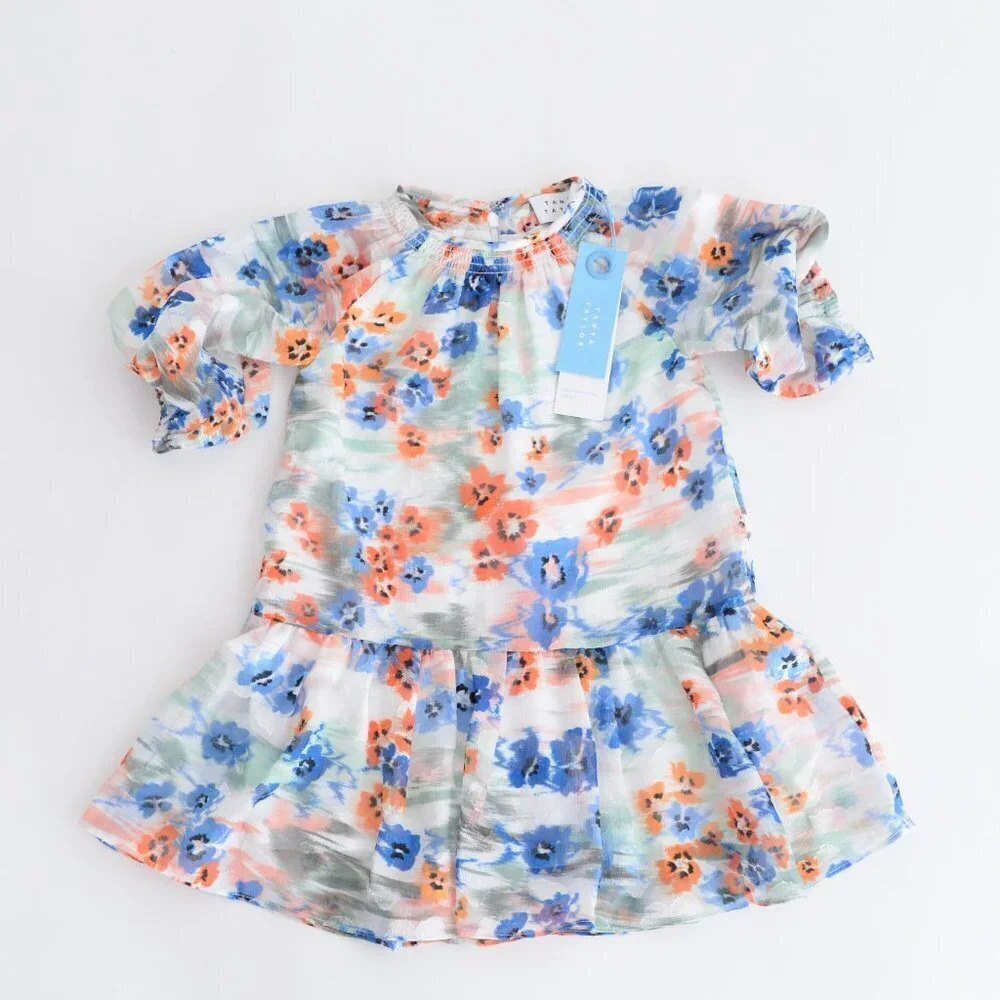 Tanya Taylor Mini Eliza White Orange & Blue Watercolour Floral Dress XS NWT